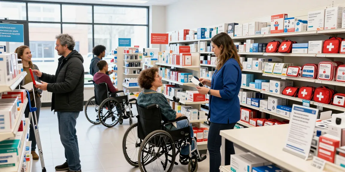 Medical supplies Montreal store showcasing essential products with customer interactions in a vibrant setting