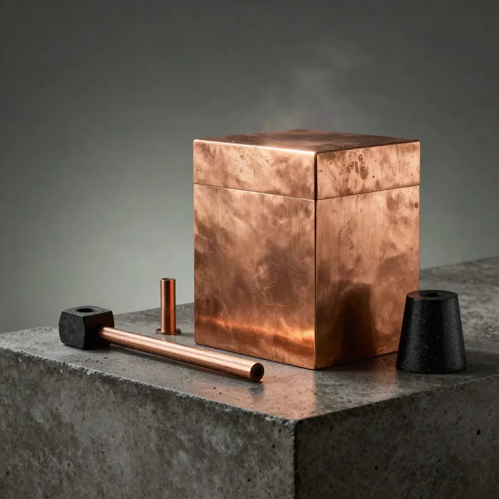 Machined copper block with cut blank, rod, spacer and stone riser in moody studio light.