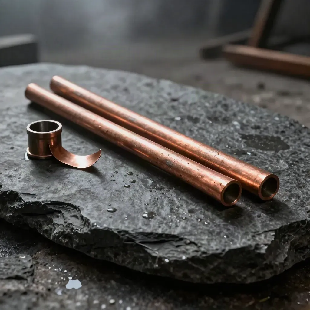 Three copper rods and a curled shaving on wet basalt, lit from upper left.