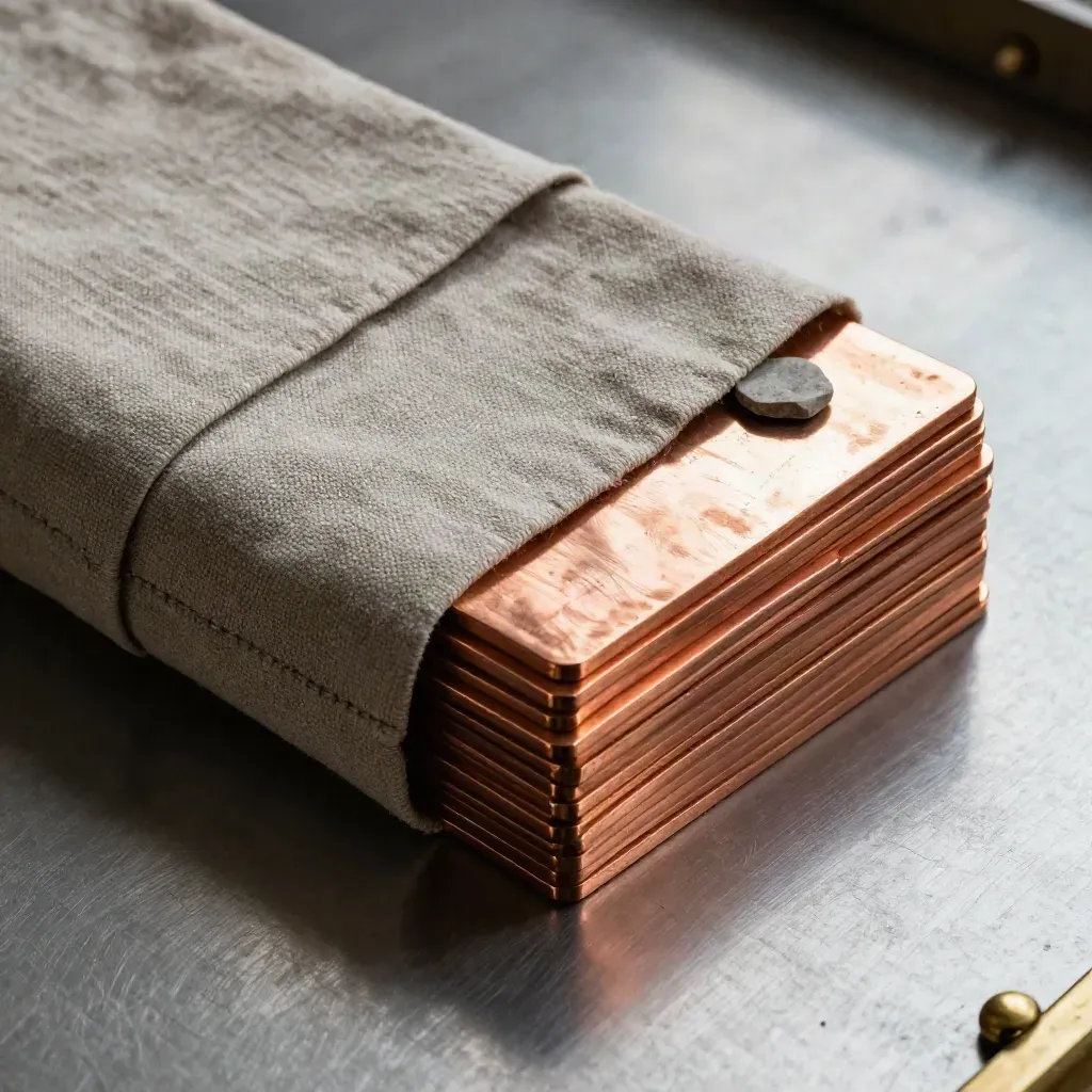 Nested copper blanks stacked with linen wrap and a small stone chip on a pewter surface.