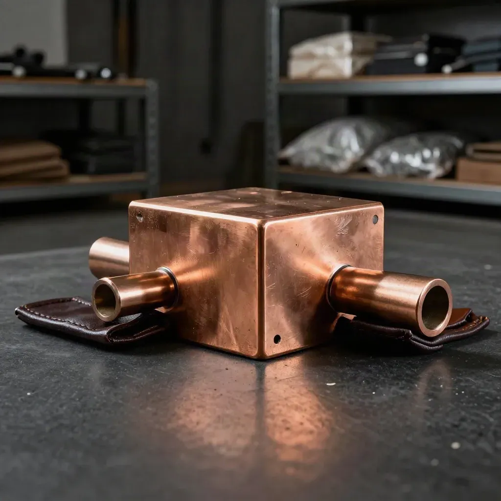 Copper block with rod ends and leather pad in a dim studio, lit with hard side light.