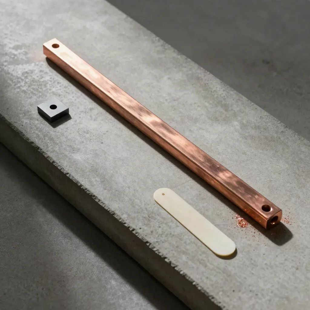 Copper bar with drilled holes, spacer, and offcut arranged diagonally on concrete.