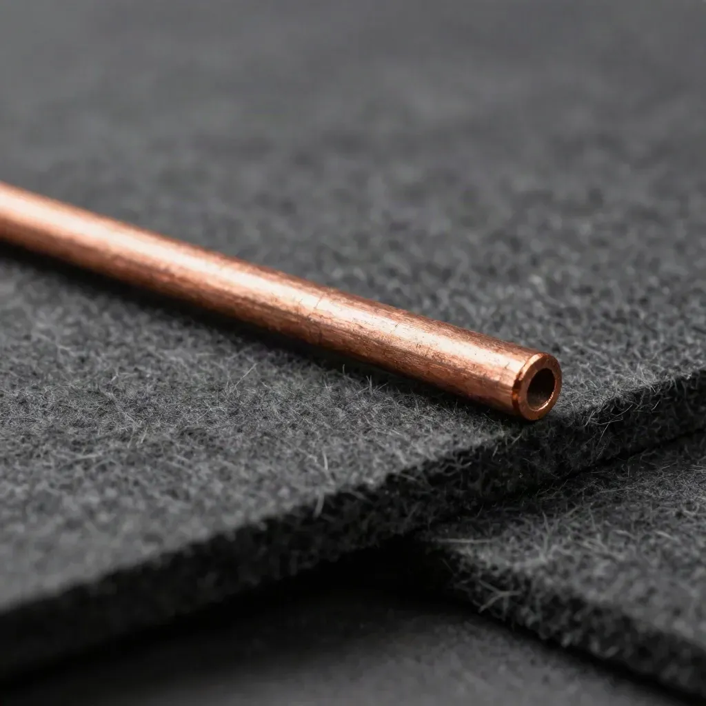 Copper rod and two short pins on dark felt in dramatic macro lighting.