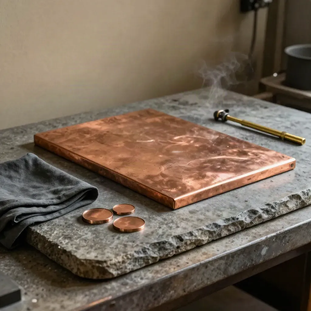 Copper sheet draped on stone beside graphite cloth, round blanks, and brass accent in moody light.