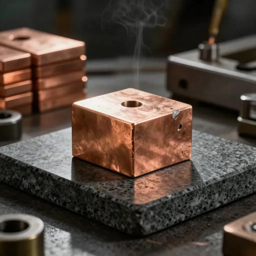Copper block hero on dark stone with spacer and offcut in a moody precision workshop.