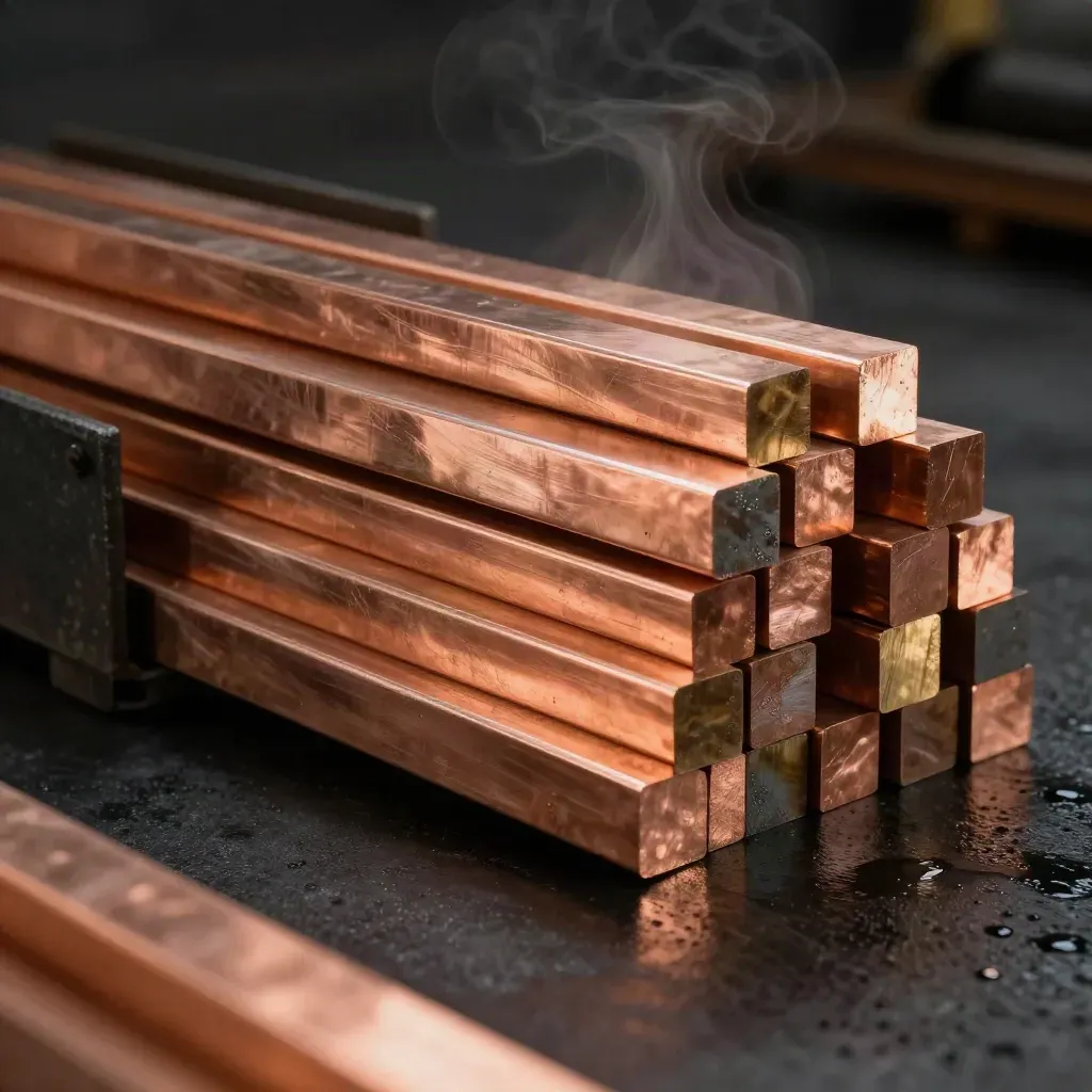 Stacked copper blocks, sheets and rod ends on a dark studio surface with steam and wet reflections.