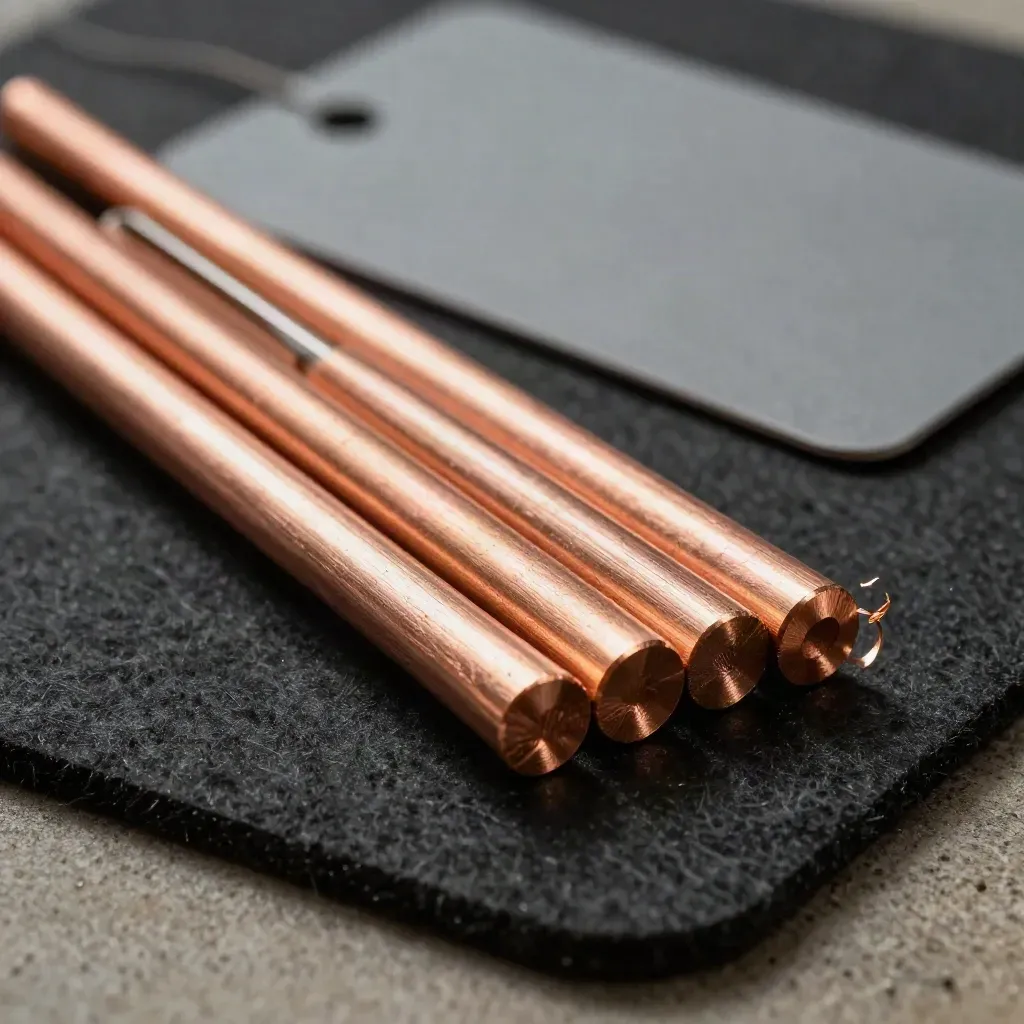 Five copper rod blanks fanned on black felt with a curl of swarf, side lit