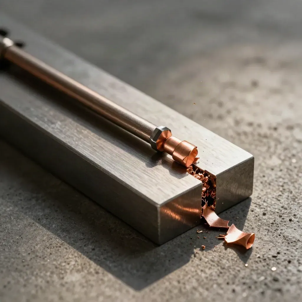 Copper chips, faceted spacer and scored offcut on a steel block, almost overhead.