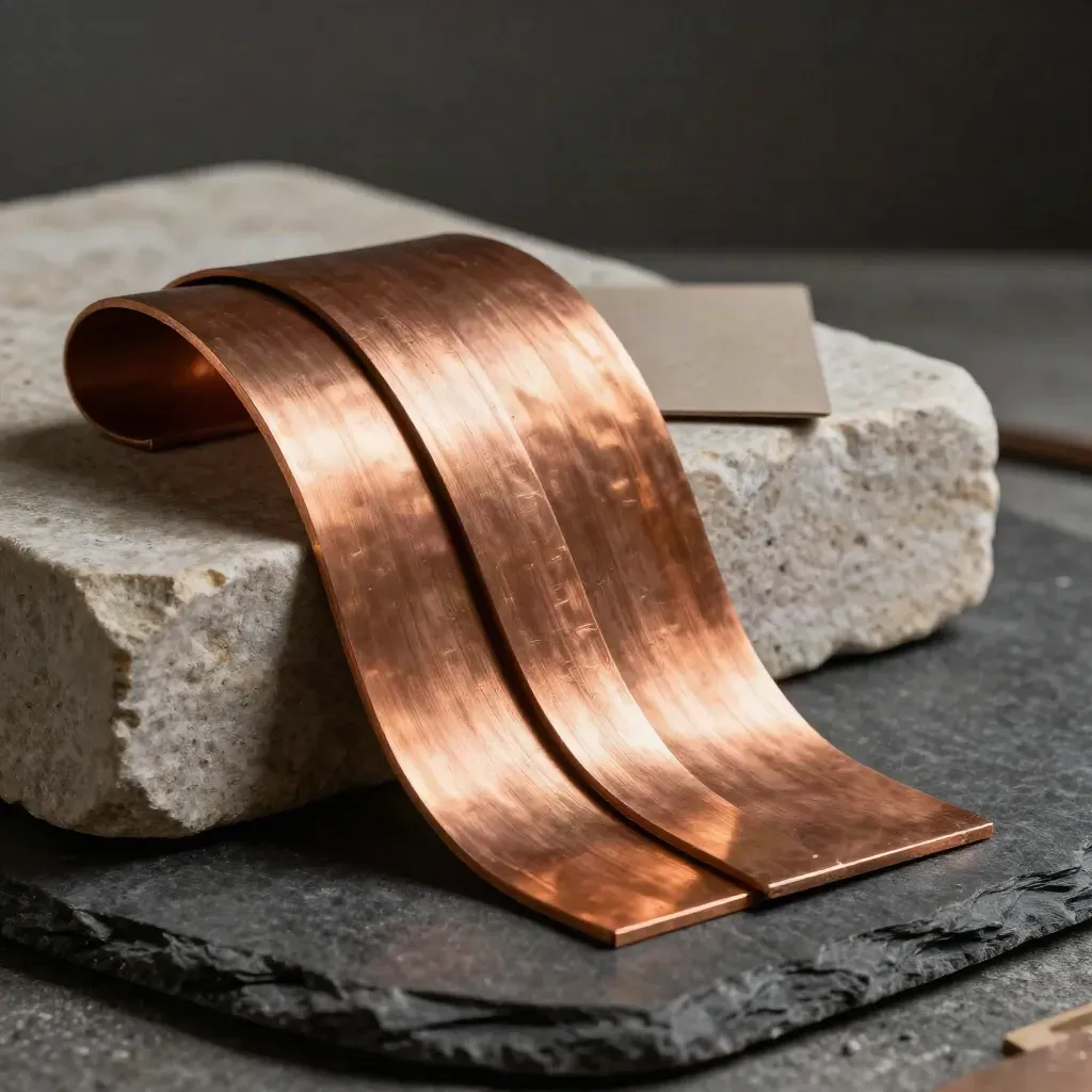 Annealed copper sheet draped on stone with two sample strips in dramatic light