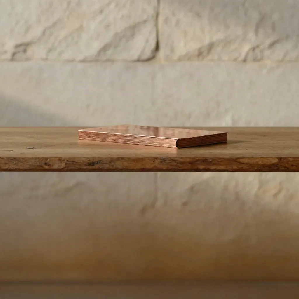 Copper sheet corners on weathered oak beside a pale stone wall in soft afternoon light.